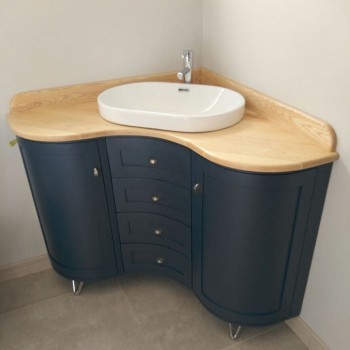 Custom curved bathroom vanity, MDF painted, using soft close runners with a solid wood Ash top