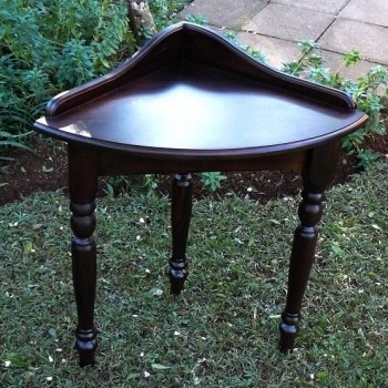 3 legged corner table with back edge in dark stain