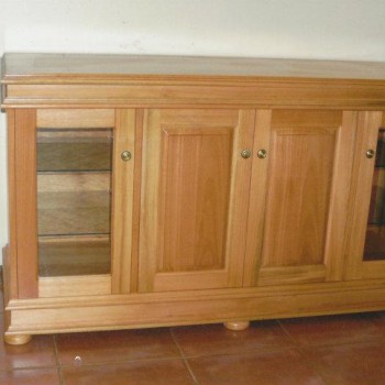 Solid oak sideboard with glass shelves on round feet